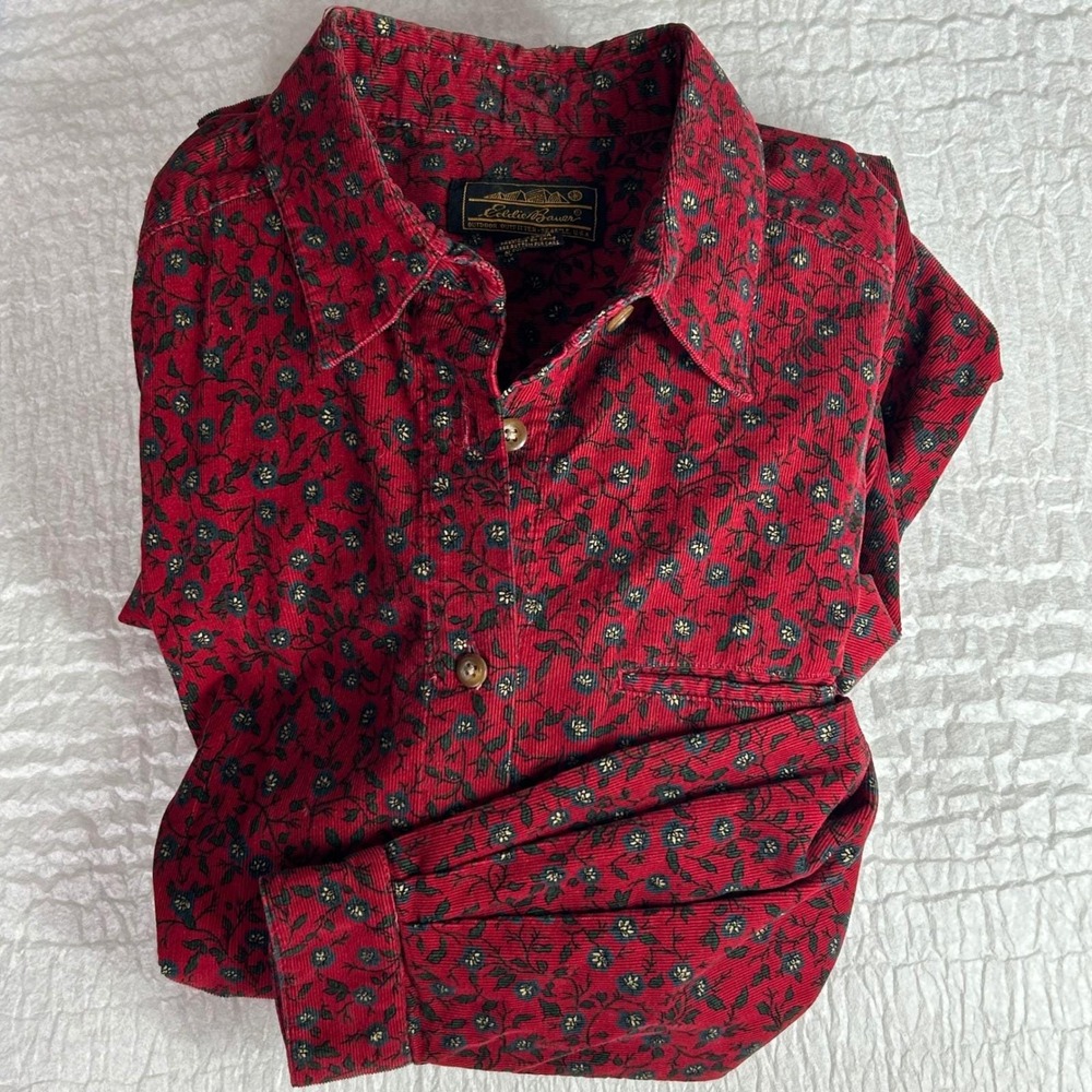 Eddie Bauer Corduroy Dress Women M Petite Red Floral Midi Prairie Cottagecore - Picture 12 of 12
